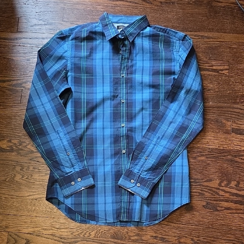 Banana Republic Navy and Teal Plaid Men's Shirt